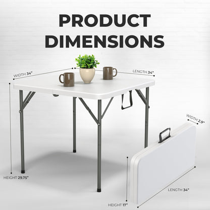 34" Square Foldable Table with Built in Handle & Steel Legs | Heavy Duty Portable | Perfect for Party, Dining, Wedding, Events, Picnic Indoor, Outdoor, Camping, Utility, Temporary