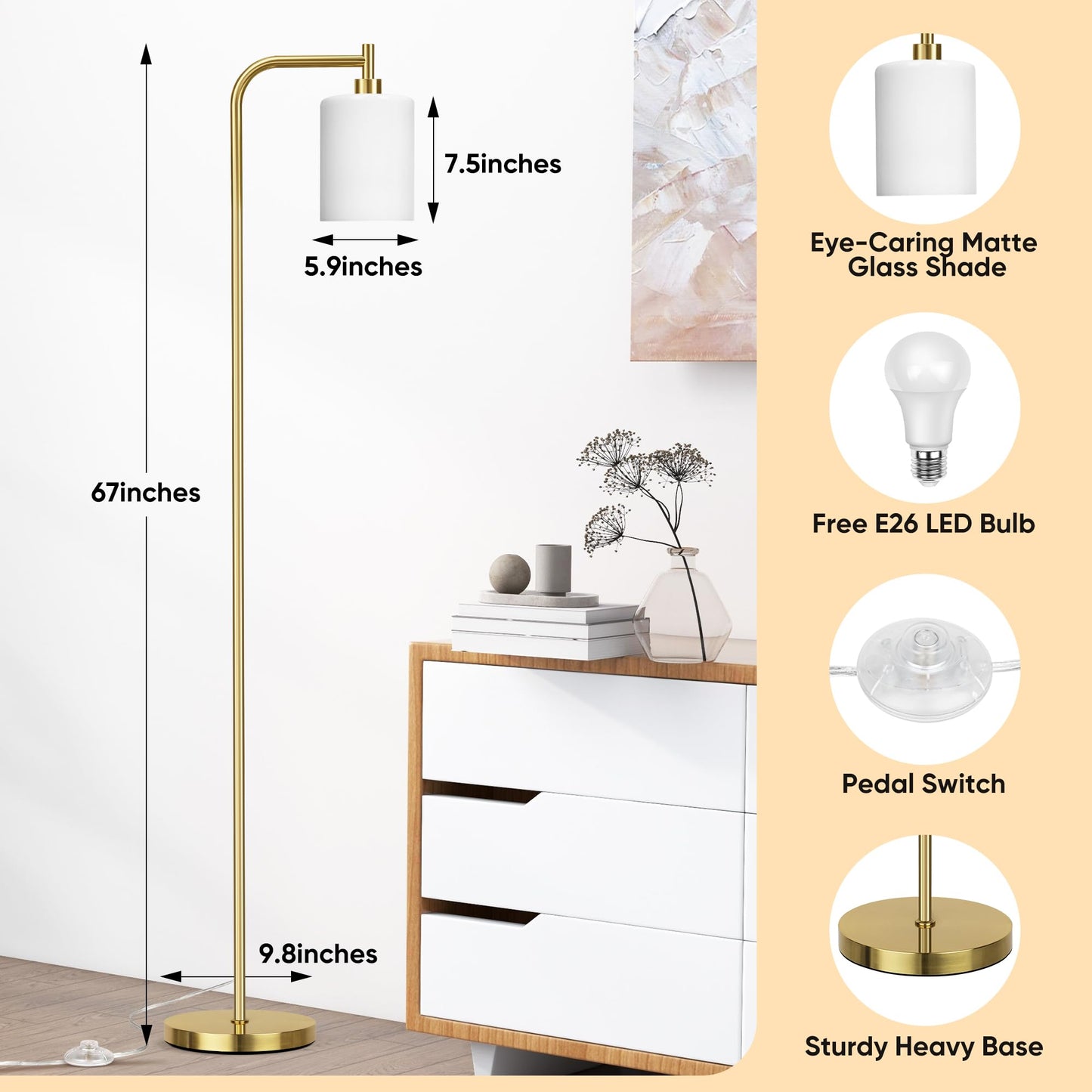 QiMH Floor Lamps for Living Room, Modern Standing Lamp with Frosted Glass Shade, Industrial Floor Lamp - Foot Switch, Gold Tall Pole Lamp for Bedroom Home Office (LED Bulbs Included)