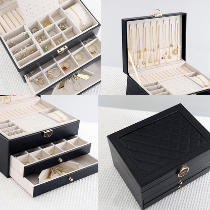 GUOER Jewelry Box for Women Girl Wife 3 Layers Large PU Leather Jewelry Organizer Storage Case with Two drawers Display for Earrings Bracelets Rings Watches (Black)