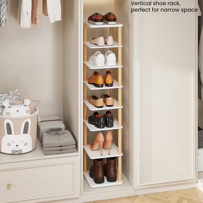 LUCKNOCK Vertical Shoe Rack, 8-Tier Tall Narrow Shoe Organizer for Entryway, Closet, Dorm & Small Spaces, Freestanding White Wooden Shoe Shelf Tower for Boots, Sneakers, Heels.