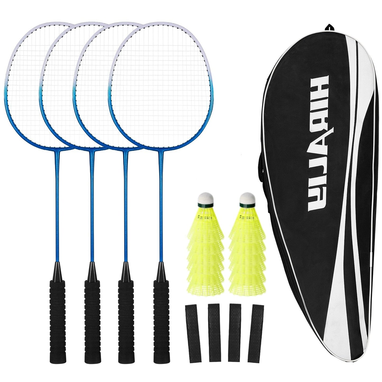HIRALIY Badminton Rackets Set for Backyards, Lightweight Badminton Set of 4, Includ 4 Rackets, 12 Nylon Birdies, Replacement Grip Tapes, 1 Carrying Bag, Outdoor Games for Adults Family Kids Beginners