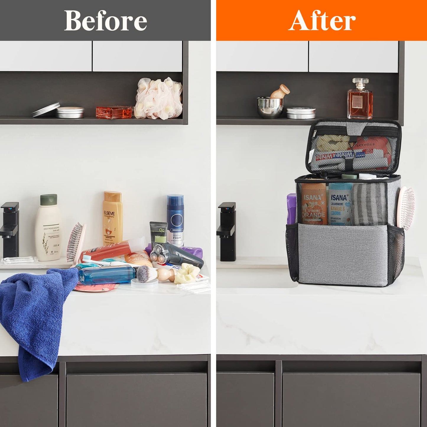 Lifewit Mesh Shower Caddy Bag Portable College Dorm Room Essentials Caddy Tote Basket for Bathroom, Gym, Travel, Camping Quick Dry Hanging Shower Organizer Toiletry Bag for Women Wen, Large, Gray