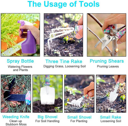 Gardening Tools, LEKEONE 10 Pieces Garden Tools with Floral Print, Ergonomic Handle Trowel Rake Weeder Pruner Shears Sprayer,Gardening Supplies with Carrying Case Gifts for Women