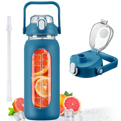 kytffu 56oz Glass Water Bottles with Straw, Motivational Glass Bottle with Silicone Sleeve and Time Marker, Leakproof Large Glass Water Jug for Gym Home Office,Iron Blue