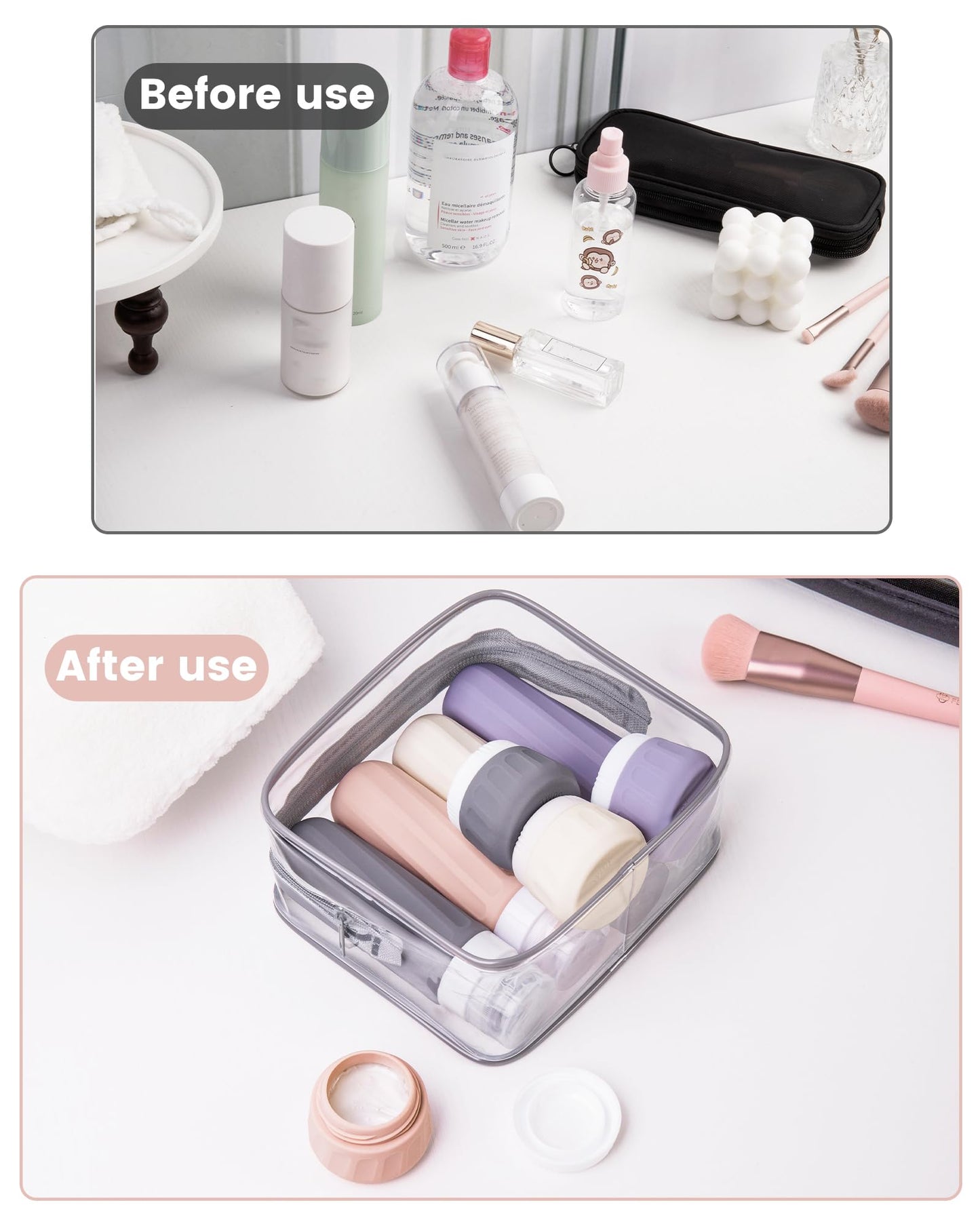 Mrsdry Travel Bottles for Toiletries 8 Pack, Travel Size Toiletries, Tsa Approved Travel Size Containers 3oz, with Travel Essentials Clear Bag, Leak Proof Silicone Squeezable Creams Jars