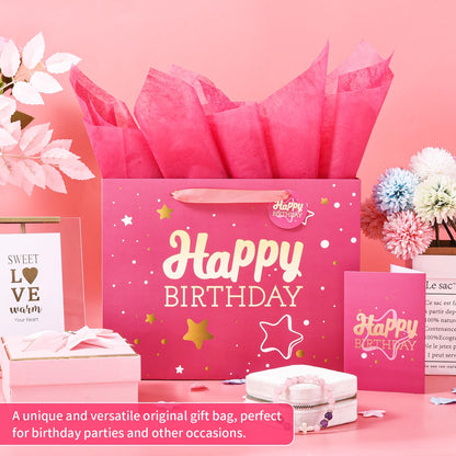 13" Pink Happy Birthday Gift Bag with Tissue Paper and Greeting Card for Party,Happy Birthday Gift Bag for Men Women,Gift Bags Medium size(1 PCS Pink Hot Stamping)