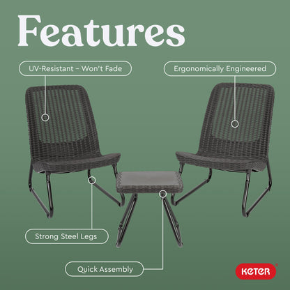 Keter Rio 3 Piece Resin Wicker Patio Furniture Set with Side Table and Outdoor Chairs for Front Porch and Backyard Decor, Dark Grey