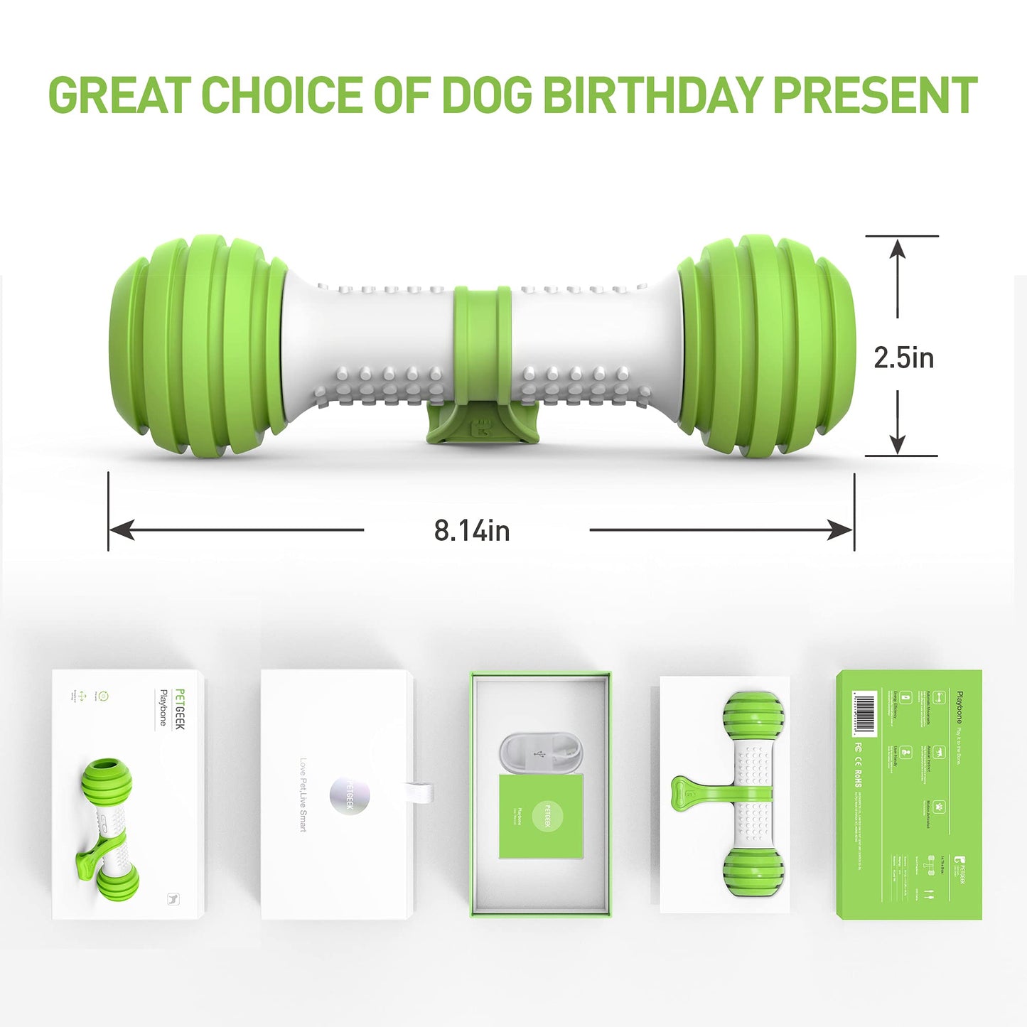 PETGEEK Interactive Dog Toys, Motion Activated Electronic Dog Toy Interactive Dog Bone Toys for Medium Large Dogs, USB Rechargeable Automatic Dog Toy for Boredom and Stimulating (Green)