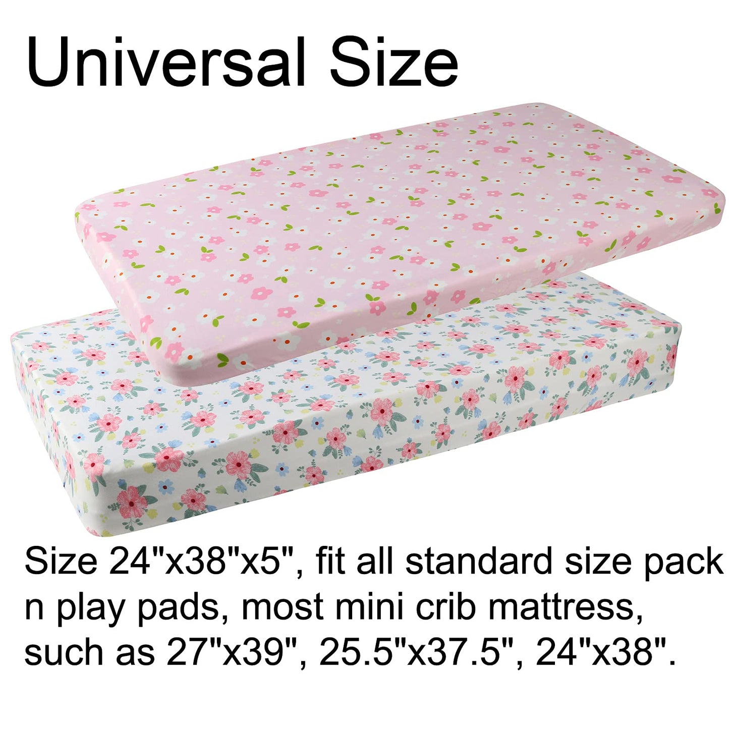 Onacosht Pack n Play Playard Fitted Sheets 2 Pack Set for Baby Girl Soft Stretchy Jersey Knit Portable Mini Crib Mattress Cover, Pink Floral