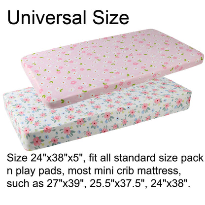 Onacosht Pack n Play Playard Fitted Sheets 2 Pack Set for Baby Girl Soft Stretchy Jersey Knit Portable Mini Crib Mattress Cover, Pink Floral