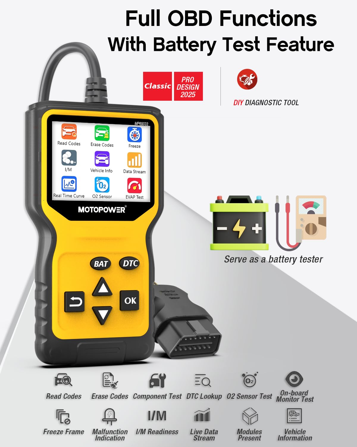 MOTOPOWER MP69033 Pro OBD2 Scanner Code Reader Check Engine Fault Light Diagnostic Scan Tool with Battery Tester