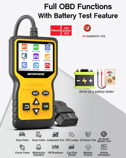 MOTOPOWER MP69033 Pro OBD2 Scanner Code Reader Check Engine Fault Light Diagnostic Scan Tool with Battery Tester