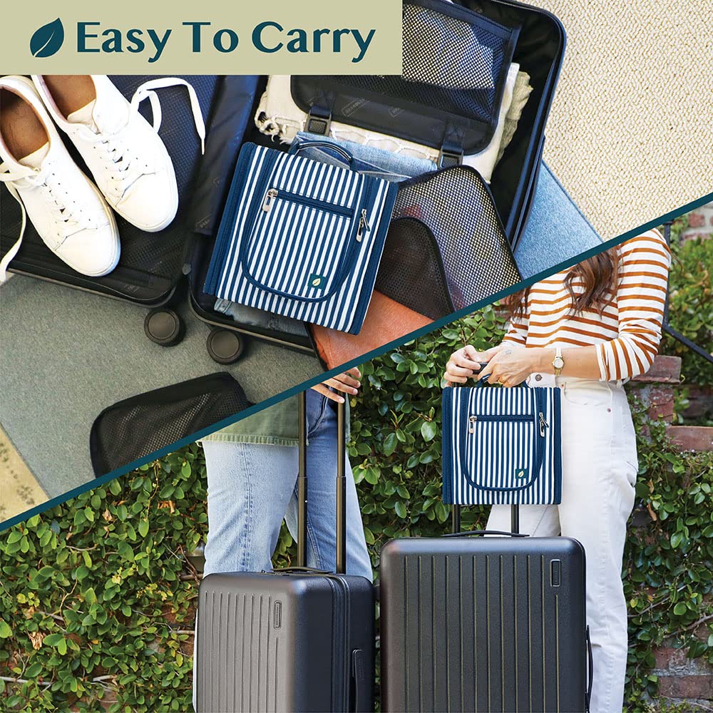 PAVILIA Toiletry Bag Travel Bag for Women Men, Hanging Cosmetic Organizer, Water Resistant Makeup Bag for Accessories Toiletries, Large Travel Essentials Kit (Stripe Navy)