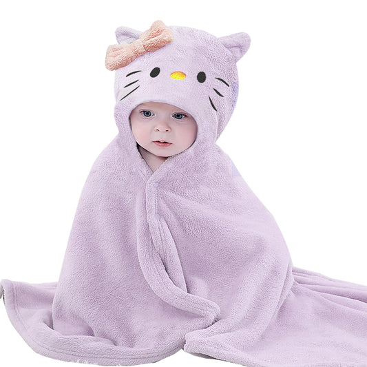 IFaryMes Toddler Bath Towel Baby Towels with Hood 27.5"X55" Ultra Absorbent Soft Bathrobe Blanket Kids Shower Towel for Girls and Boys(Purple-Cat)