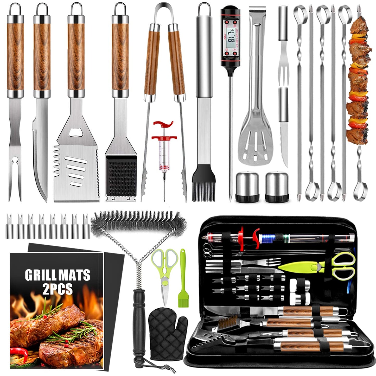 34Pcs Grill Accessories Grilling Gifts for Men, 16 Inches Heavy Duty BBQ Accessories, Stainless Steel BBQ Tools with Thermometer, Grill Mats for Backyard, BBQ Gifts Set for Men Women