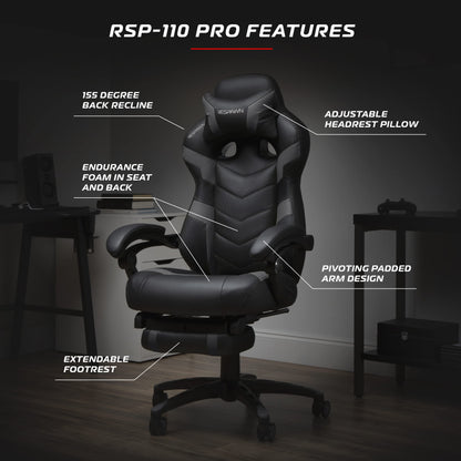 RESPAWN 110 Pro Gaming Chair - Gaming Chair with Footrest, Reclining Gaming Chair, Video Gaming Computer Desk Chair, Adjustable Desk Chair, Gaming Chairs For Adults With Headrest Pillow - Grey