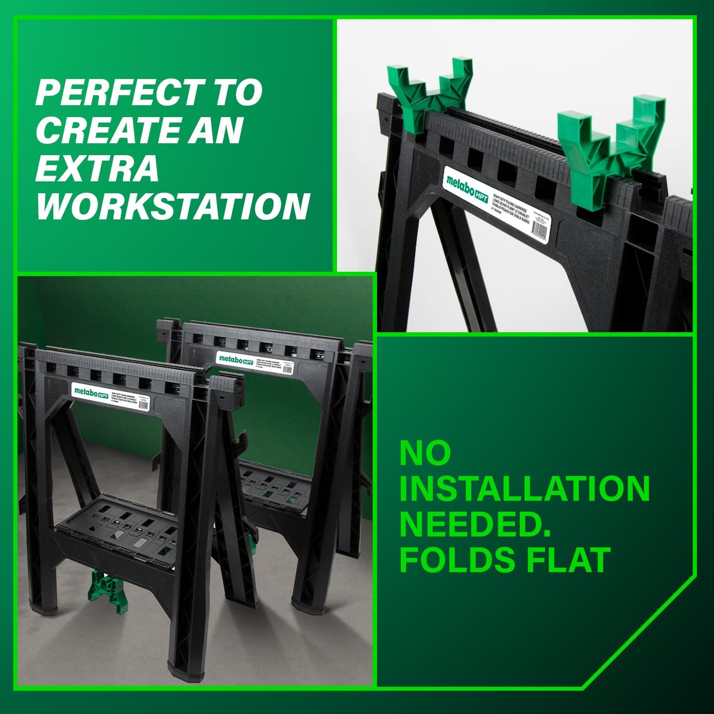 Metabo HPT Folding Sawhorses, 2-Pack, Lightweight Design, 1,200 lbs Capacity, Includes 4 Sawbucks, Ideal for Extra Workstations, Non-Skid Feet for Stability, Built-In Shelf and Cord Hooks, 115445M