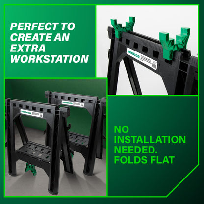 Metabo HPT Folding Sawhorses, 2-Pack, Lightweight Design, 1,200 lbs Capacity, Includes 4 Sawbucks, Ideal for Extra Workstations, Non-Skid Feet for Stability, Built-In Shelf and Cord Hooks, 115445M
