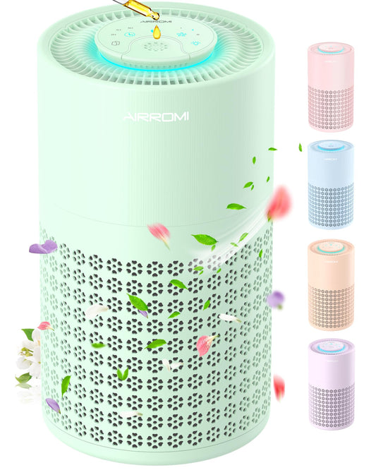 AIRROMI Air Purifier for Bedroom with HEPA 3-in-1 Filter, Pet Air Purifier for Home Cat Pee Smell, Covers Upto 990 Ft², Quiet 360°intake Air Cleaner for pet hair,allergies,Dust,Smoke A2001 Green
