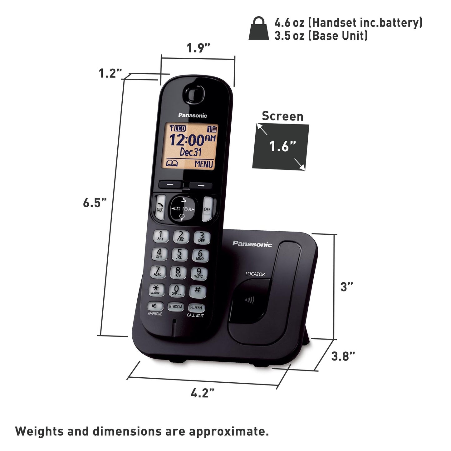 Panasonic Cordless Phone, 1.6" Backlit Display, Call Block, Speakerphone, 10 Hours Talk Time, 1 Handset - KX-TGC200B (Black)