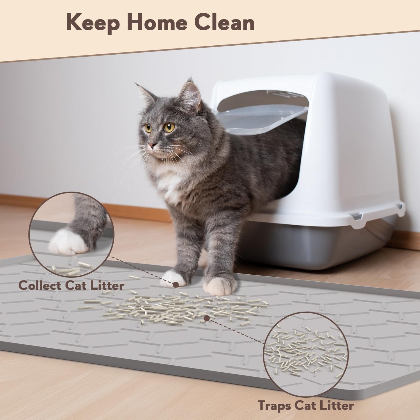 Garoopion Cat Mat for Litter Box, Large 34" X 22" Cat Litter Mat, Waterproof Silicone Pad for Floor, Gray