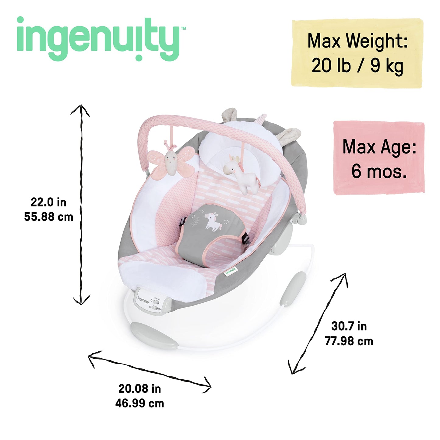 Ingenuity Soothing Baby Bouncer Infant Seat with Vibrations, -Toy Bar & Sounds, 0-6 Months Up to 20 lbs (Pink Flora the Unicorn)