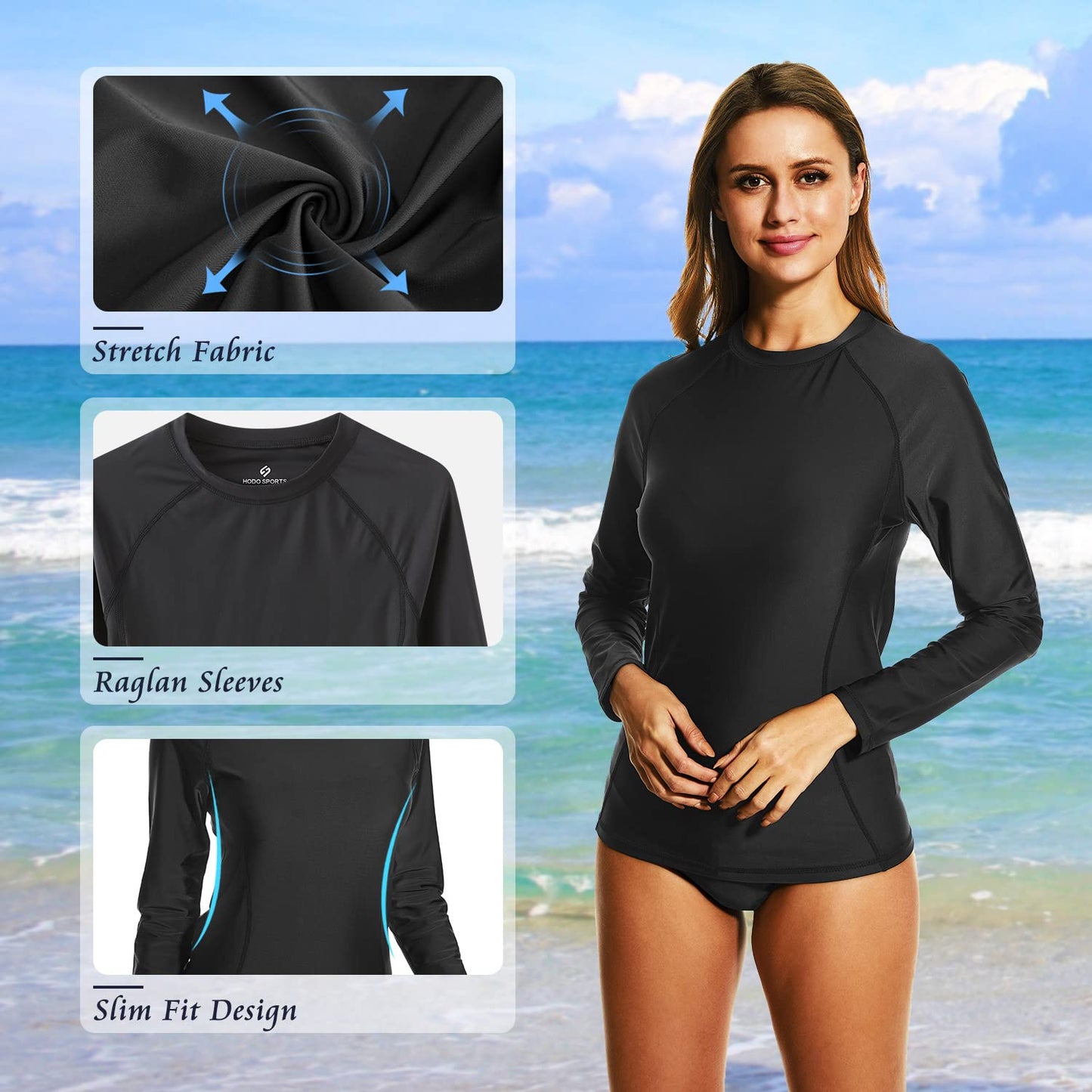 HODOSPORTS Women's UPF 50+ Rash Guard Swimsuit UV Sun Protection Swim Shirt Long Sleeve Black M
