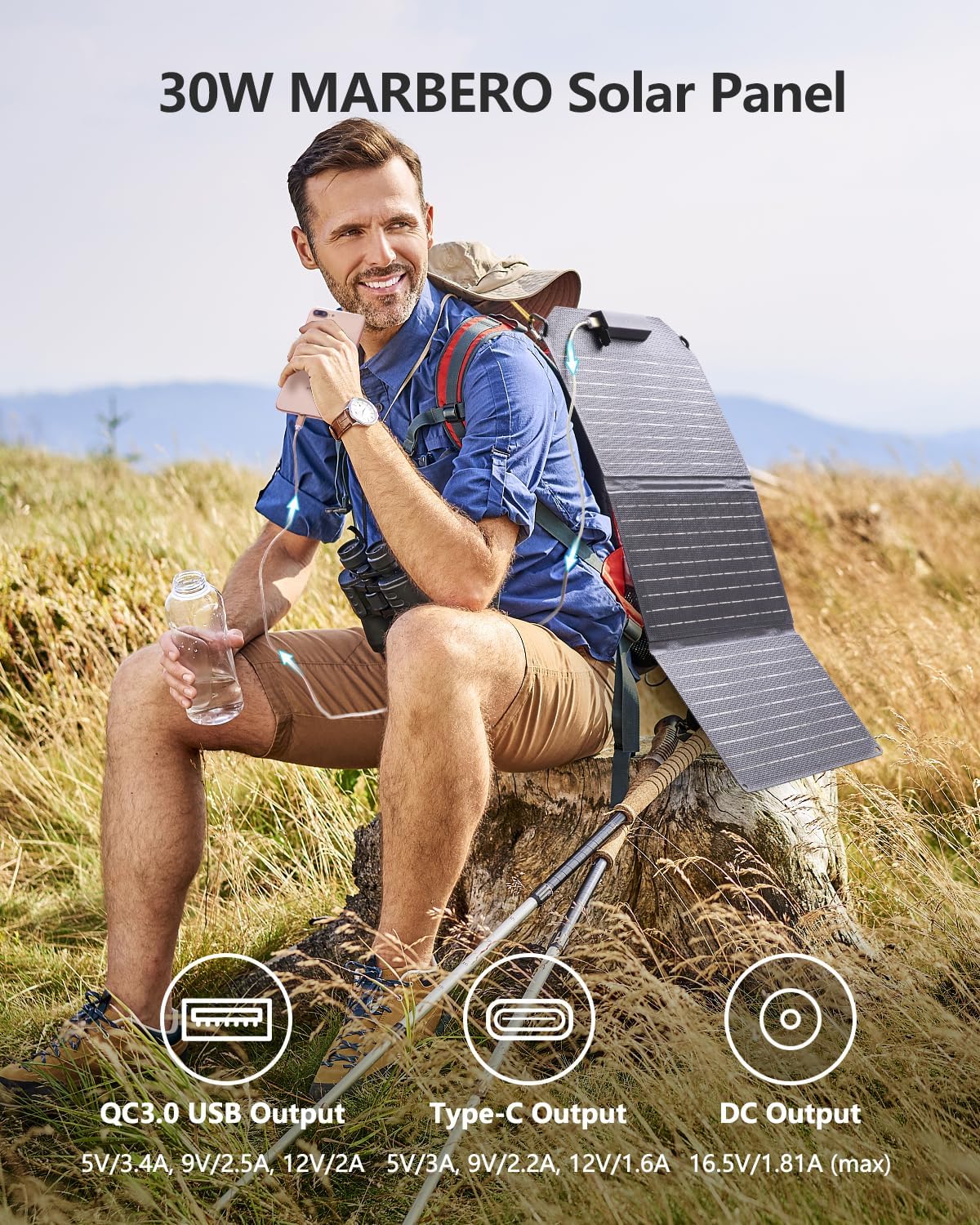 MARBERO 30W Solar Charger >23% High Efficiency Foldable Portable Solar Panel for Power Station Phones Tablets 2 USB Ports & DC Fast Charging IP65 Waterproof for Camping Outdoor Backpacking Cloudy