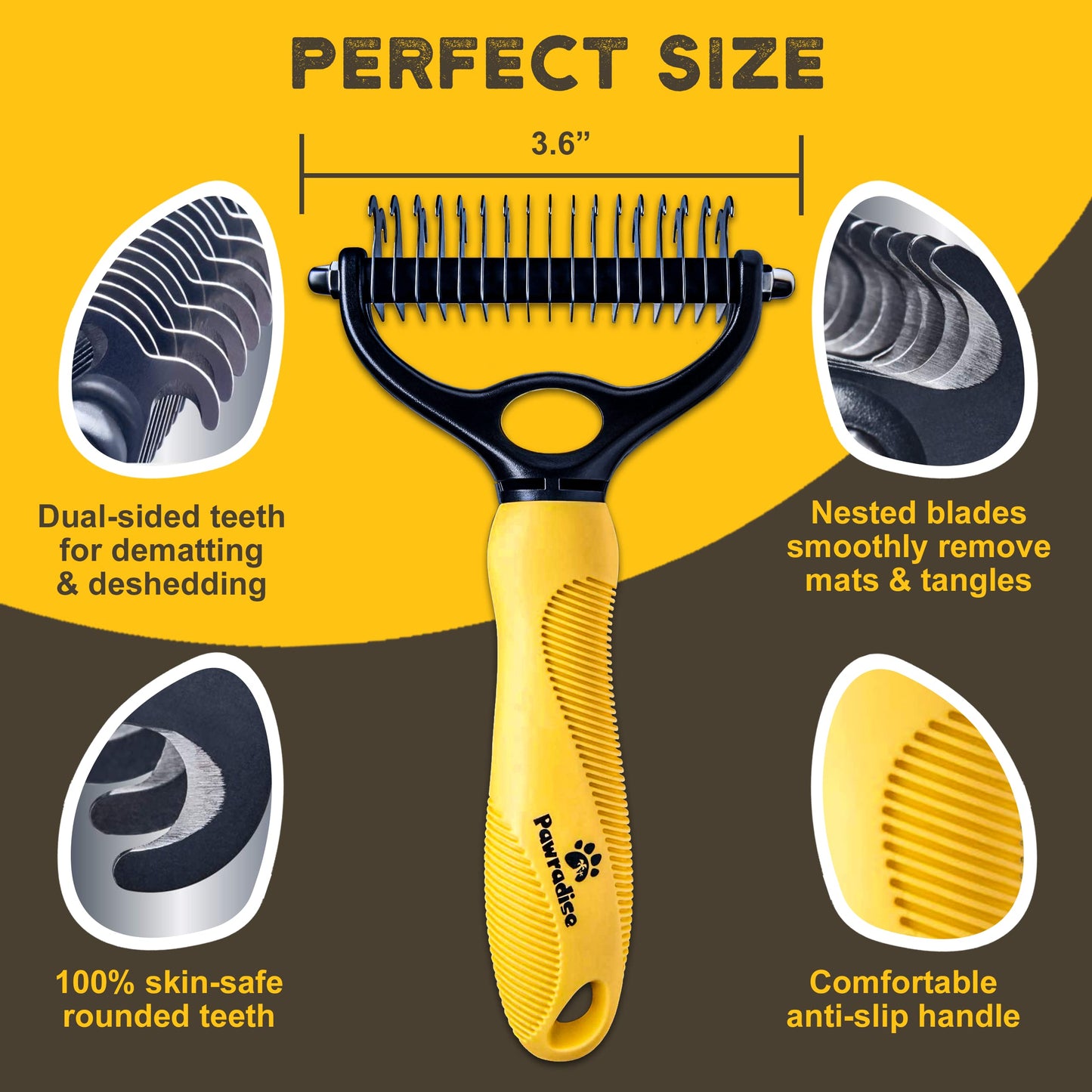 Pawradise Deshedding Dog Brush - Double-Sided Pet Hair Remover for Cats & Dogs - Yellow Undercoat Grooming Rake for Shedding and Dematting