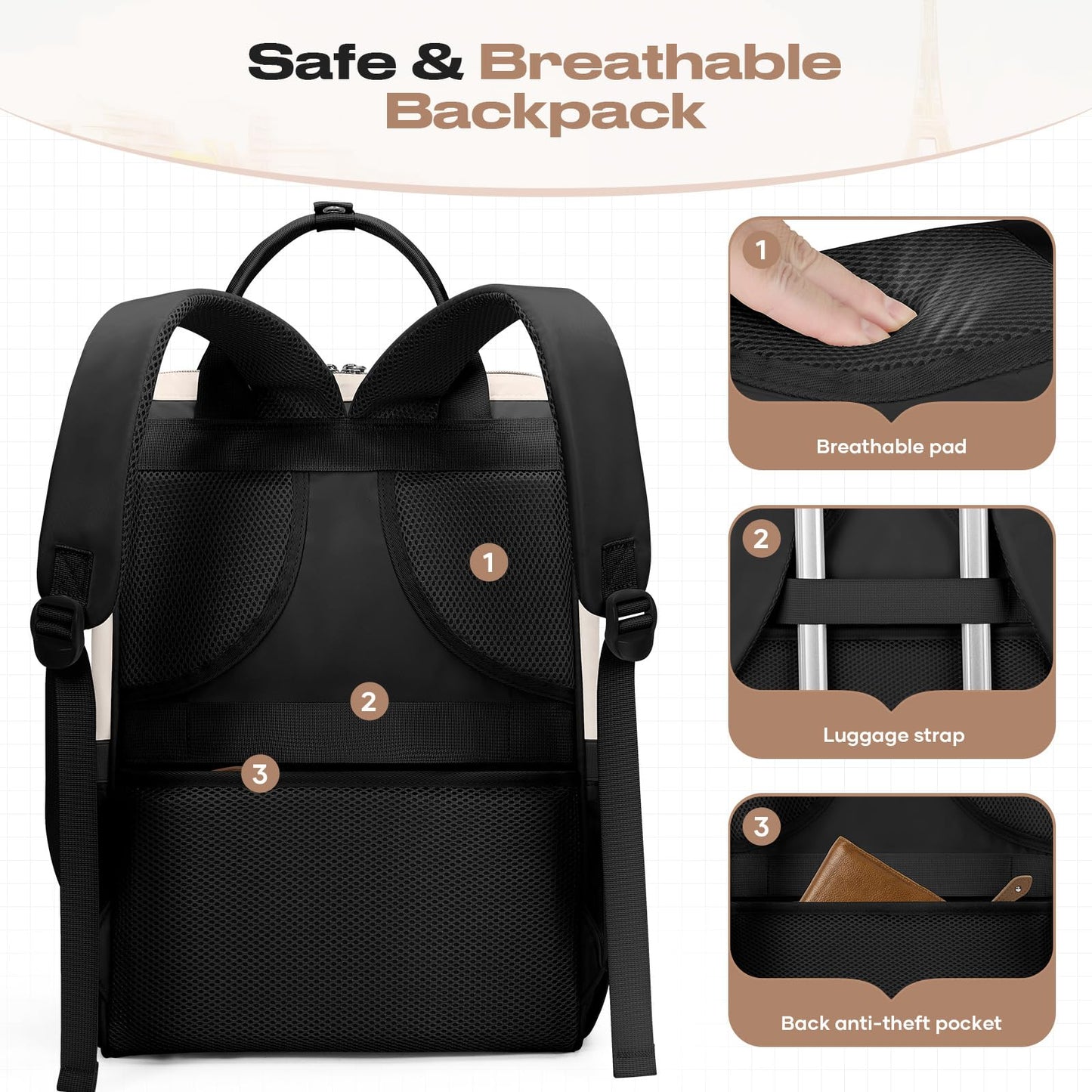 Maelstrom Travel Backpack for Women Men,Laptop Backpack Fits 15.6-17.3 Inch Laptop, Nurse/Teacher/Work Bag with Insulated Lunch Box,Water Resistant Carry On Backpack,Black-Beige