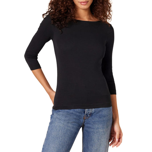 Amazon Essentials Women's Slim-Fit 3/4 Sleeve Boat Neck T-Shirt, Black, X-Large
