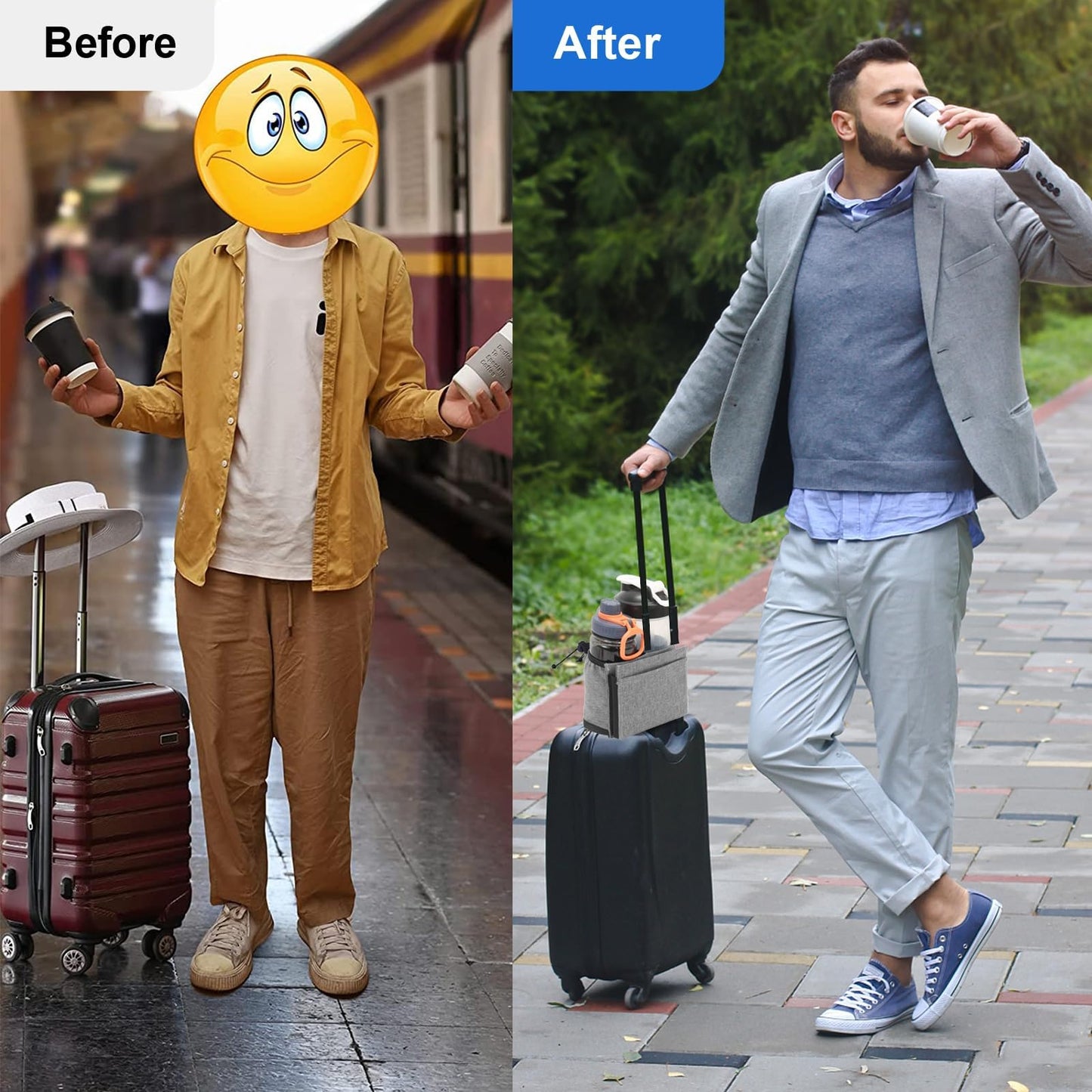 Luggage Cup Holder for Suitcases Free Hands, Travel Accessories, Luggage Cup Caddy Gifts, Beverage Holder, Universal Luggage Accessories for Flight Attendants, Business Travelers, Grey