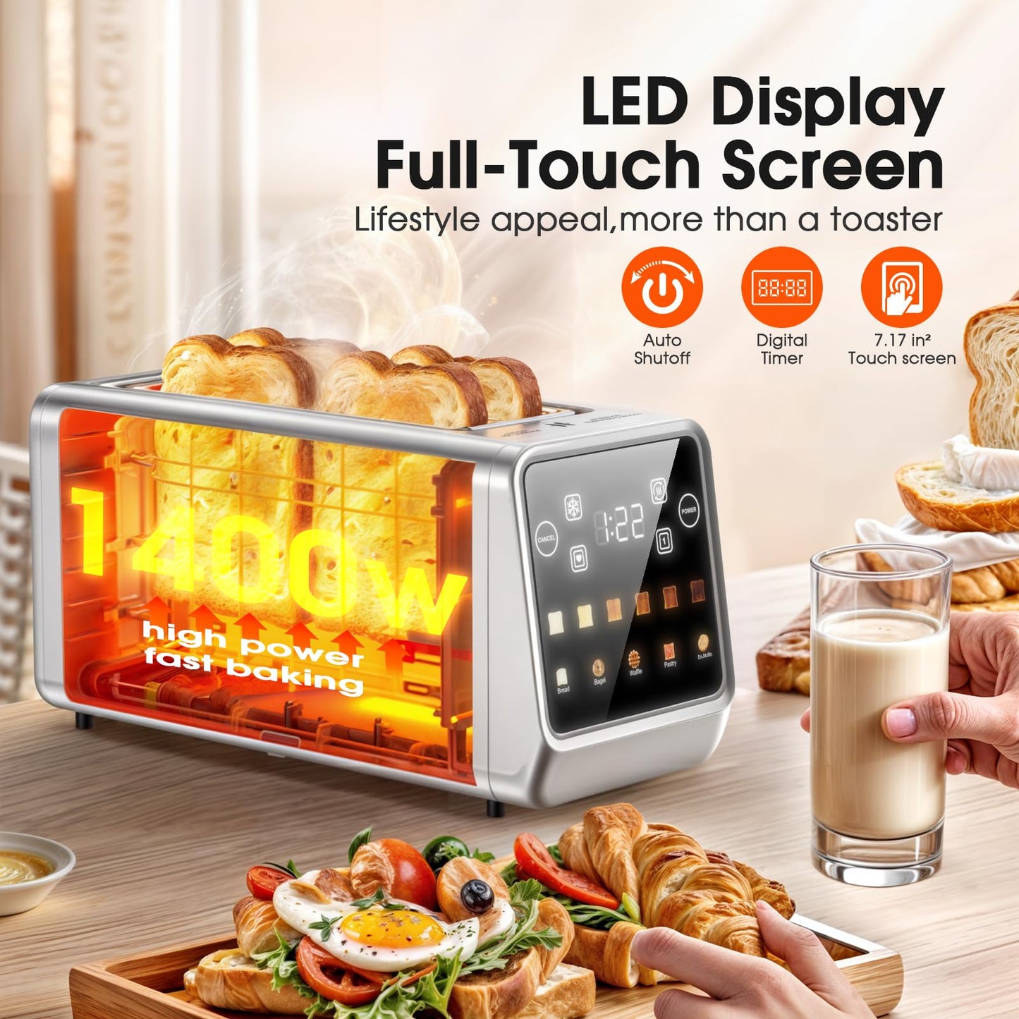 4-Slice Smart Toaster with Touch Screen | 1400W Fast Even Toast & Stainless Steel | 2x1.5" Extra-Wide Slots for Bagels | Memory Function, 6 Shade Settings