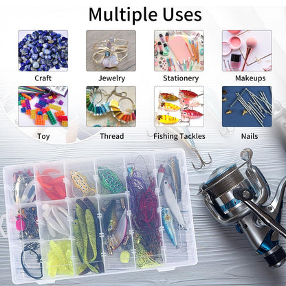 OUTUXED 2 Pack 36 Grids Clear Plastic Bead Organizer Box, Fishing Tackle Box Compartment Organizer with Adjustable Dividers for Jewelry, Art Craft, Bead Storage Containers with 5 Sheets Label Stickers