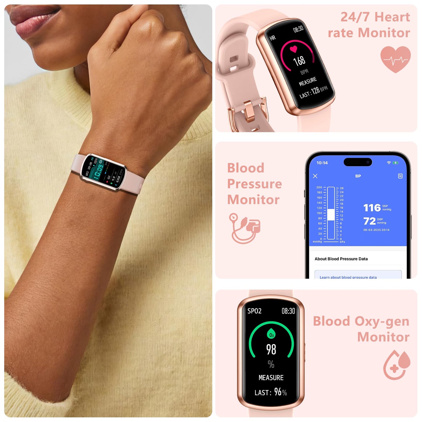 Health Fitness Tracker, Smart Watch with 24/7 Heart Rate and Blood Pressure Monitor, Activity Tracker with Blood Oxygen, 120 Sport Mode Waterproof Sleep Tracker for Women Men (Pink)