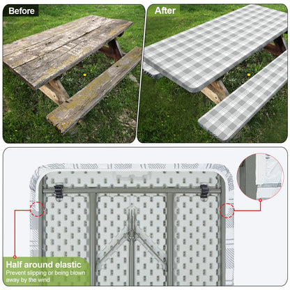 Picnic Table Cover with Bench Covers Camping Essentials Waterproof Windproof Camping Tablecloth with Drawstring Bag, Fitted Rectangle Tables and Seats, 72in, Grey Checkered