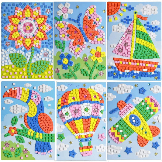 LZHZH Mosaic Sticker Art Sticky DIY Handmade Art Kits for Kids - Sunflower, Butterfly, Sailboat, Woodpecker, hot air Balloon, Airplane (6 Pack) (Handmade Art Kits for Kids)