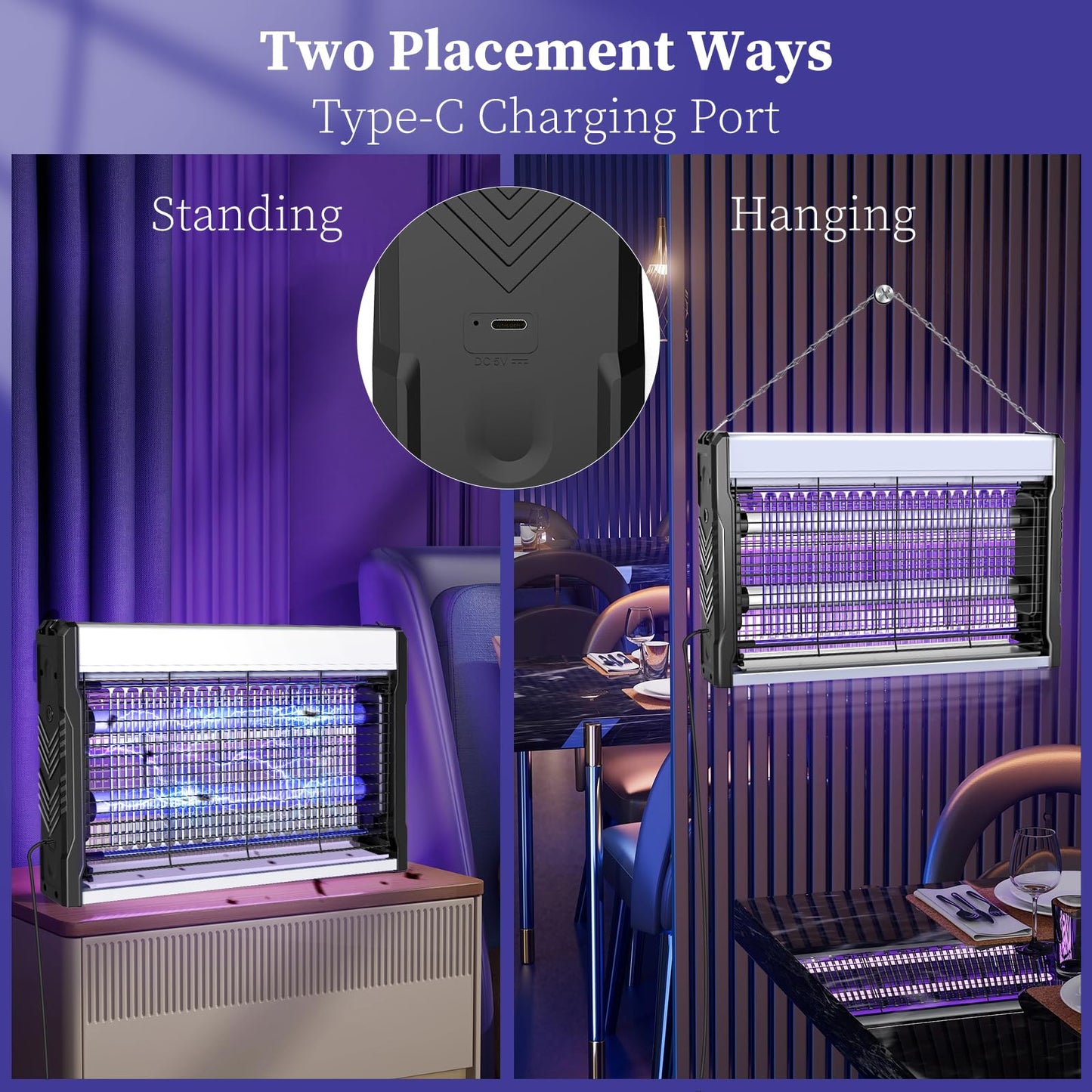 PALONE Electric Bug Zapper 3200V Mosquito Zapper Killer Indoor Insect Killer with Hanging Chain Mosquito Trap with Removable Collection Tray USB Electric Bug Zapper Outdoor for Home Office (16 in)