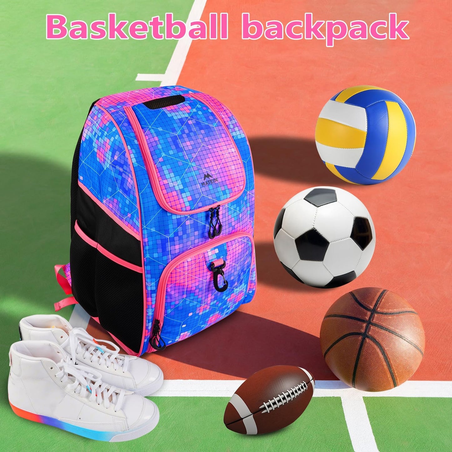 MATEIN Basketball Bag, Sturdy Soccer Bag with Ball Holder & Shoe Compartment, Large Basketball Backpack for Training Equipment, Water Resistant Sports Ball Backpack Fits Volleyball Football, Colorful