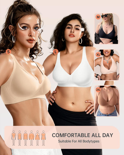 OEAK Womens Deep V Bras Wireless Comfortable Bra Supportive No Underwire Bras Tshirt Push Up Bralettes Plunge Seamless Bra Beige XS
