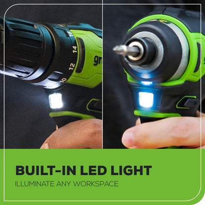 Greenworks 24V Brushless Cordless Drill and Impact Driver,Power Tool Combo Kit Included 1/2”Drill & 1/4”Hex Impact Driver and (2) Batteries, Fast Charger, 2 pcs Drill Bit Set & Bag