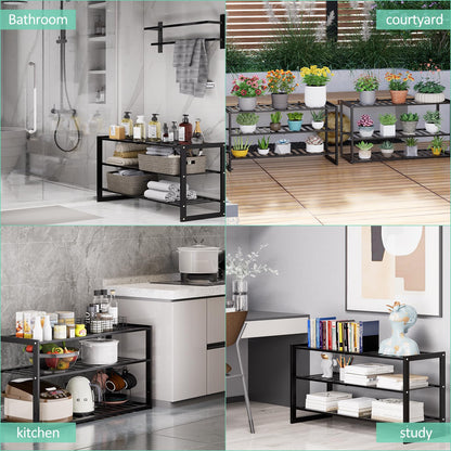 Jripae Bamboo Shoe Rack for Closet, Stackable 3 Tier Longer Shoe Organizer Shelf Holder Storage 12-15 Pairs for Entryway Door Hallway Bedroom Garage Space Saving Foldable Black