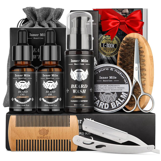 Isner Mile Beard Grooming Kit for Men Care: Trimming Sets with Beard Wash/Shampoo - Oil - Balm - Brush - Comb - Scissors & Storage Bag, Valentines Birthday Fathers Gifts for Dad Men Husband Boyfriend
