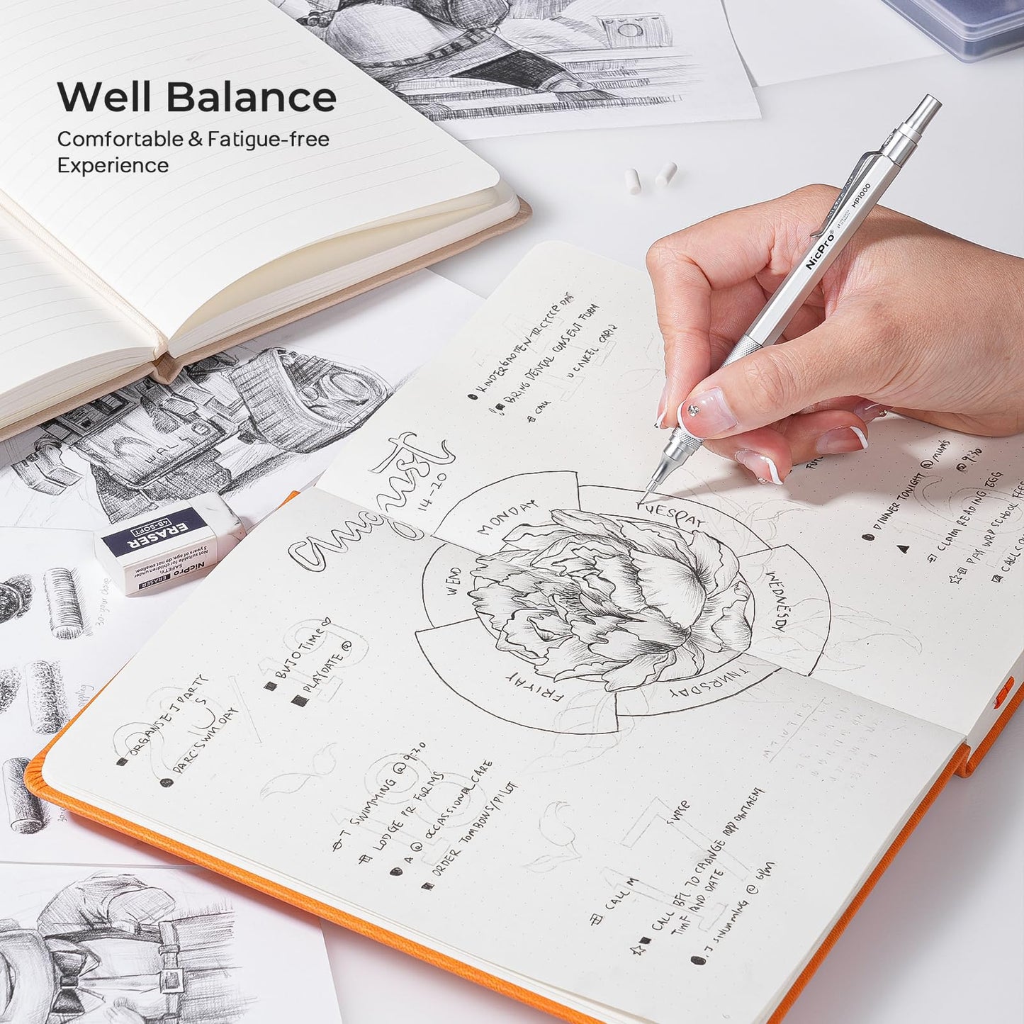 Nicpro 0.7 Metal Mechanical Pencil Set with Case, 3PCS MP1000 0.7mm Artist Lead Pencil With 8 Tube HB Refills, 3 Erasers, 9 Eraser Refill For Architect Art Drafting Drawing Engineering, Sketching