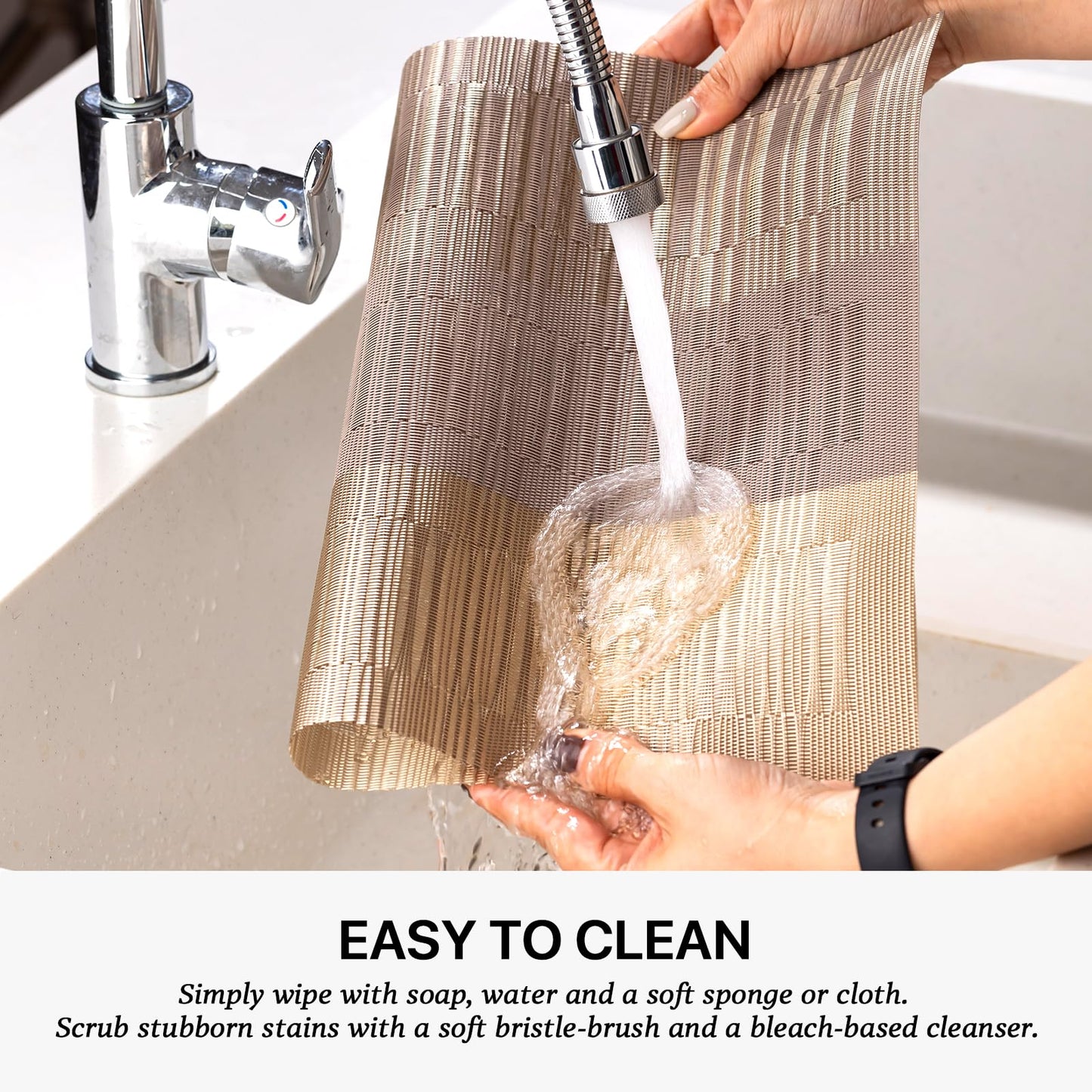 LEXMORE Placemats Set of 8 Vinyl/Plastic Woven Place Mats for Kitchen Table Indoor/Outdoor Washable Placemat Wipeable Dining Table Mats(Gold Dune)