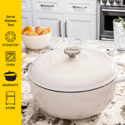 Lodge 6 Quart Enameled Cast Iron Dutch Oven with Lid – Dual Handles, Oven Safe up to 500°F, Stovetop Compatible – Marinate, Cook, Bake, Refrigerate & Serve – Oyster White