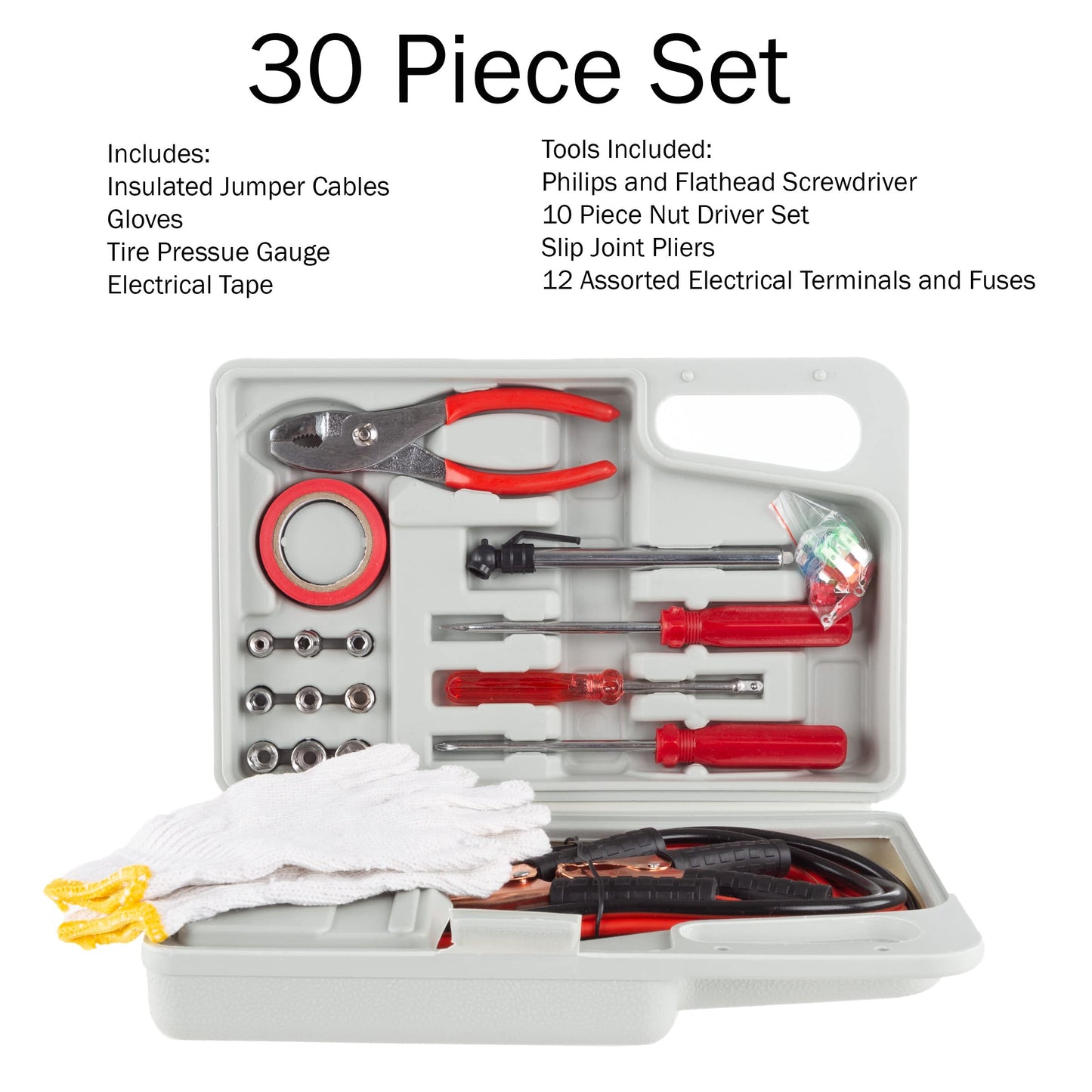 Roadside Emergency Car Kit - 30-Piece Road Trip Essentials Tool Set with Jumper Cables and Carrying Case for Car, Truck, or RV by Stalwart (Gray/Red)