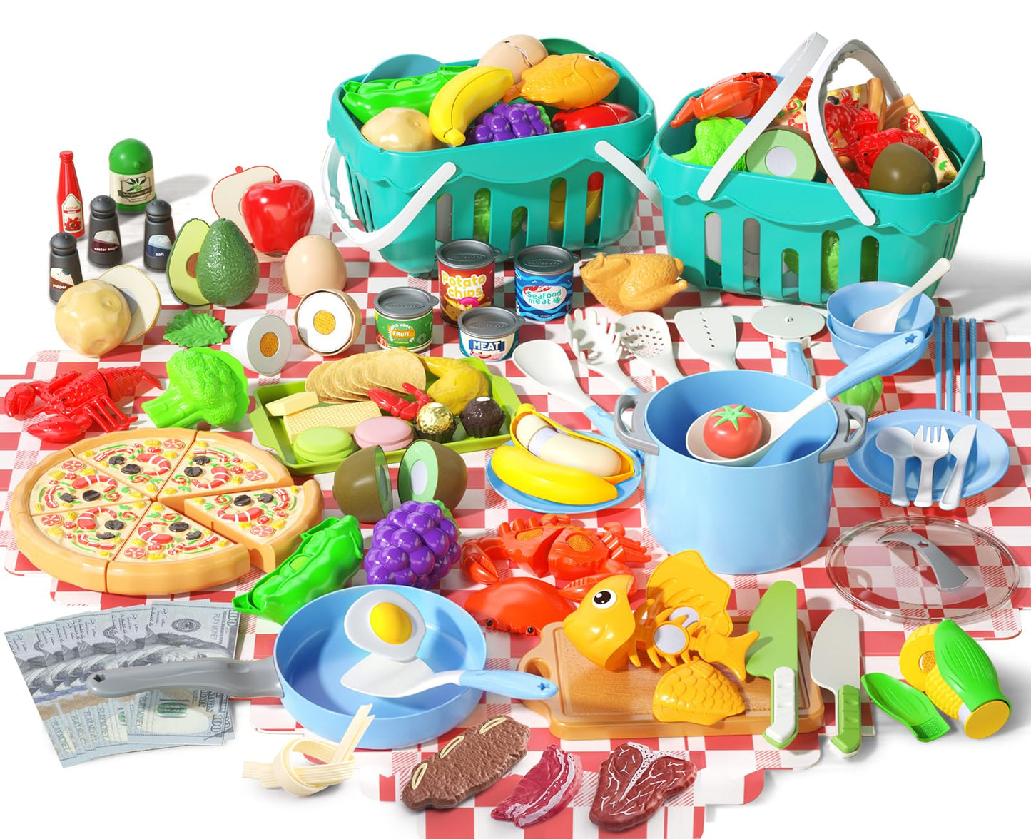 150Pcs Kitchen Playset, Toddlers Pretend Cooking Cookware Accessories, Food, Picnic Blanket, Fruits, Veges, 2Pack Shopping Storage Basket, Dessert and Prop Money, Gift for Kids (Blue)