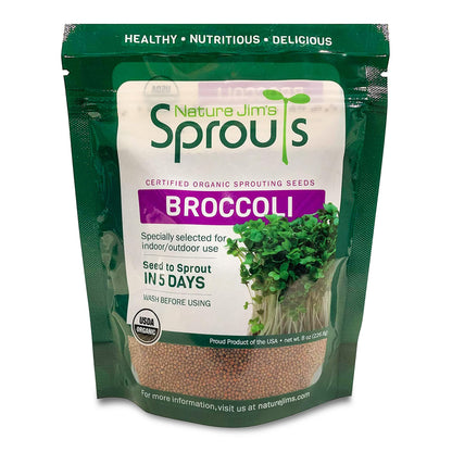 Nature Jims Sprouts Broccoli Sprout Seeds - Certified Organic for Indoor/Outdoor Use - Rich in Sulforaphane Healthy, Nutritious Broccoli Seeds Sprout in 5 Days - 8oz