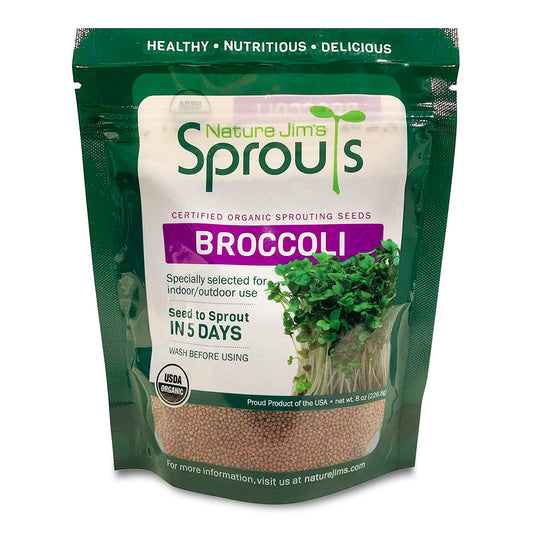 Nature Jims Sprouts Broccoli Sprout Seeds - Certified Organic for Indoor/Outdoor Use - Rich in Sulforaphane Healthy, Nutritious Broccoli Seeds Sprout in 5 Days - 8oz